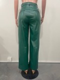 Women Casual pu-Leather Pocket Loose Wide Leg Pants