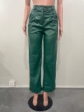 Women Casual pu-Leather Pocket Loose Wide Leg Pants