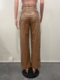 Women Casual pu-Leather Pocket Loose Wide Leg Pants