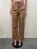 Women Casual pu-Leather Pocket Loose Wide Leg Pants