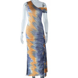 Slash Shoulder Tight Fitting Dress Printed Maxi Bodycon Women Dress
