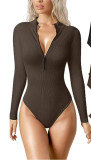 Long-Sleeved One-Piece Sexy Rib Front Zipper Bodysuit Top