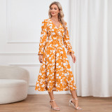 Retro V-Neck Printed Slim Waist Women's Dress