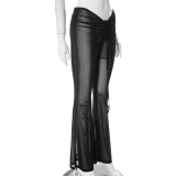 Women's Autumn Solid Color Sexy Mesh Lace-Up Low Waist Slim Fit See-Through Pants