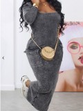 Sexy Printed Big Pockets Back Slit Long Sleeve Women's Bodycon Dress