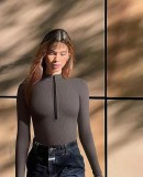 Long-Sleeved One-Piece Sexy Rib Front Zipper Bodysuit Top