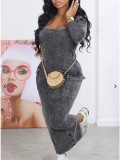 Sexy Printed Big Pockets Back Slit Long Sleeve Women's Bodycon Dress