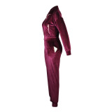 Women's Velvet Autumn And Winter Zipper Pocket Two Piece Tracksuit