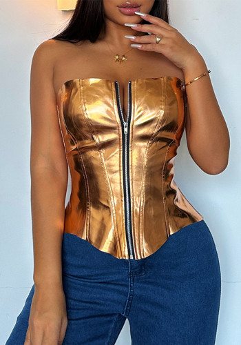 Women's Sexy Fashion Metallic Shiny Leather Strapless Chest Wrap Top Slim Vest Corset
