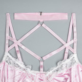 Women's Halter Neck Cross Straps Lace Patchwork Sweet And Cute Underwear Two-Piece Lingerie Set