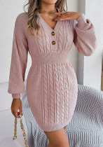 Autumn And Winter Buttoned V-Neck Lantern Sleeves Bodycon Sweater Dress Women's Clothing Autumn And Winter Buttoned V-Neck Lantern Sleeves Bodycon Sweater Dress Women's Clothing