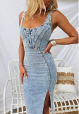 Short-Sleeved U-Neck Straps Casual Style Sexy Denim Dress