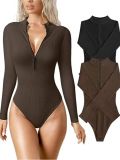Long-Sleeved One-Piece Sexy Rib Front Zipper Bodysuit Top