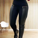 Women's Casual Pants Women's Black Faux Leather Patchwork Trousers
