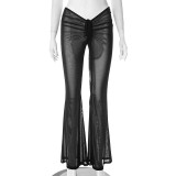 Women's Autumn Solid Color Sexy Mesh Lace-Up Low Waist Slim Fit See-Through Pants