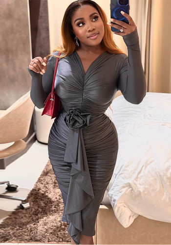 V-Neck Tight Fitting Long Sleeve Decorative Flower Irregular Bodycon Dress