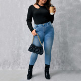 Plus Size Women's Black Ribbed Knitting Shirt Round Neck Long Sleeve Slim Fit Basics Hollow Top