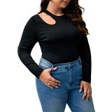 Plus Size Women's Black Ribbed Knitting Shirt Round Neck Long Sleeve Slim Fit Basics Hollow Top