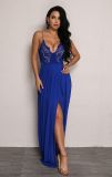 Women's Sexy Contrast Color Lace Slit Slim Dress