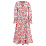 Retro V-Neck Printed Slim Waist Women's Dress