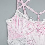 Women's Halter Neck Cross Straps Lace Patchwork Sweet And Cute Underwear Two-Piece Lingerie Set