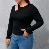 Plus Size Women's Black Ribbed Knitting Shirt Round Neck Long Sleeve Slim Fit Basics Hollow Top