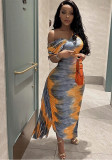 Slash Shoulder Tight Fitting Dress Printed Maxi Bodycon Women Dress