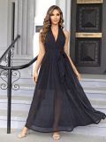 Women's Halter Sexy V-Neck Low Back Patchwork Belt Evening Dress