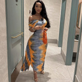 Slash Shoulder Tight Fitting Dress Printed Maxi Bodycon Women Dress