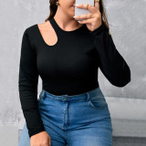 Plus Size Women's Black Ribbed Knitting Shirt Round Neck Long Sleeve Slim Fit Basics Hollow Top