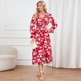 Retro V-Neck Printed Slim Waist Women's Dress