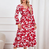 Retro V-Neck Printed Slim Waist Women's Dress