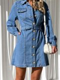 Fashionable Casual Button Tie Slim Fit Long Sleeve Denim Dress For Women