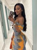 Slash Shoulder Tight Fitting Dress Printed Maxi Bodycon Women Dress