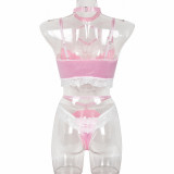 Women's Halter Neck Cross Straps Lace Patchwork Sweet And Cute Underwear Two-Piece Lingerie Set