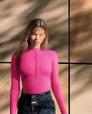 Long-Sleeved One-Piece Sexy Rib Front Zipper Bodysuit Top