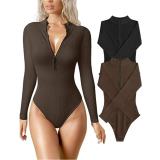 Long-Sleeved One-Piece Sexy Rib Front Zipper Bodysuit Top