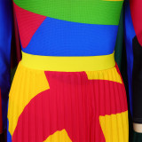 Women Autumn Pleated Print Contrast Color Long-sleeved Top and Skirt Two-Piece Set