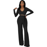 Women Solid V neck Top and Bell Bottom Pant two-piece set