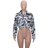 Women'S Long Casual Fashion Camouflage Print Big Pocket Turndown Collar Short Jacket