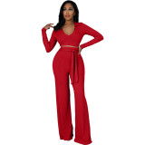 Women Solid V neck Top and Bell Bottom Pant two-piece set