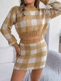 Women Autumn and Winter Casual Contrast Plaid Long Sleeve Crop Sweater and Bodycon Skirt Two-piece Set