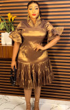 Plus Size African Women Pressed Beading Bell Bottom Sleeve Dress
