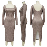 Women Sexy Long Sleeve Square Neck Slit Dress