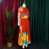 Women Autumn Pleated Print Contrast Color Long-sleeved Top and Skirt Two-Piece Set