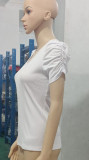 Women Summer Ribbed Puff Sleeve V-Neck Short Sleeve T-Shirt