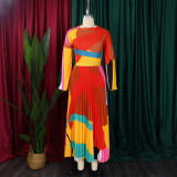Women Autumn Pleated Print Contrast Color Long-sleeved Top and Skirt Two-Piece Set