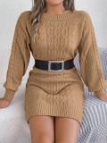 Women Autumn and Winter Solid Twist Lantern Sleeve Sweater Dress