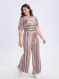 Plus Size Women Casual Short Sleeve Top And Striped Wide Leg Pants Two-piece Set