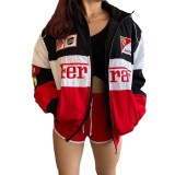 Women autumn and winter color block printed long sleeve jacket
